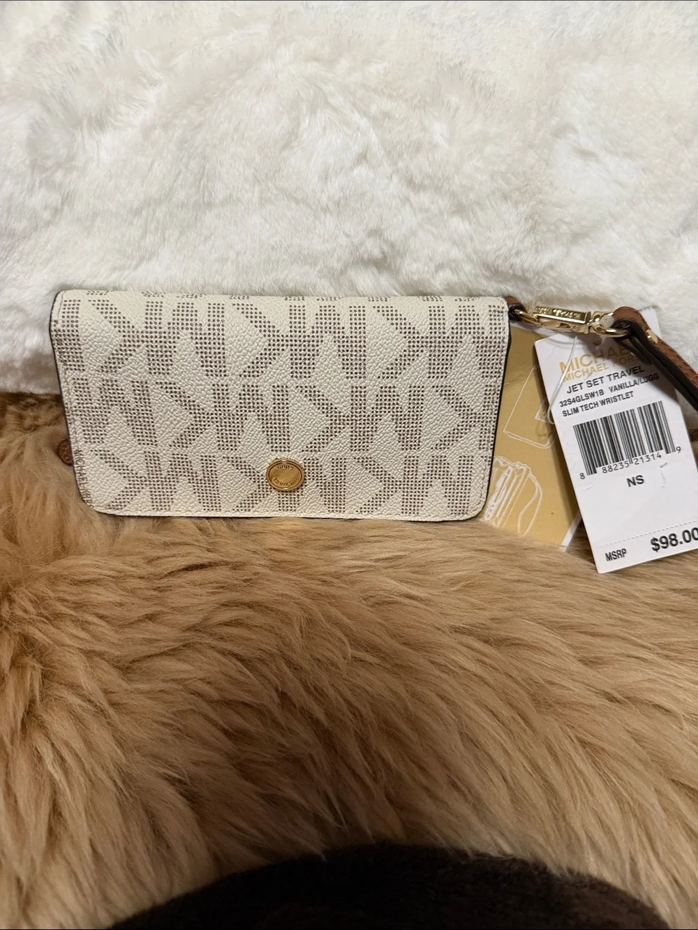 Michael Kors White Monogram Wristlet Wallet with Gold Accent